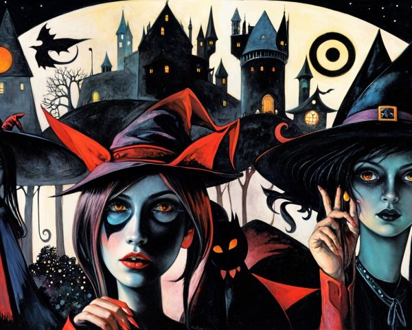 Halloween Illustration with Witches and Eerie Castle