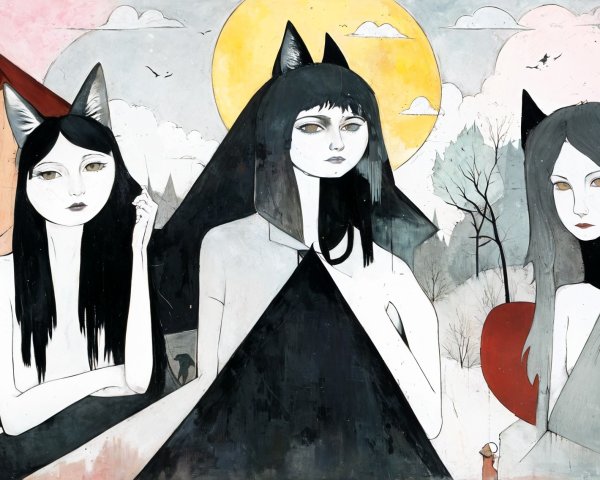 Three Figures with Cat Ears in Muted Color Palette