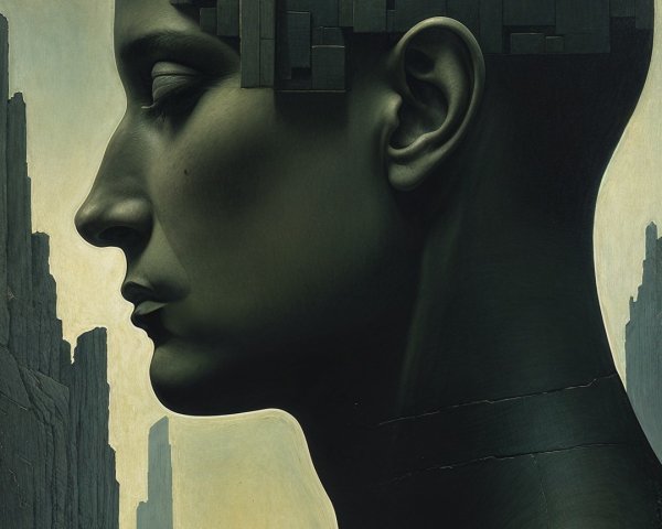 Surreal Human Head Sculpture in Rocky Landscape