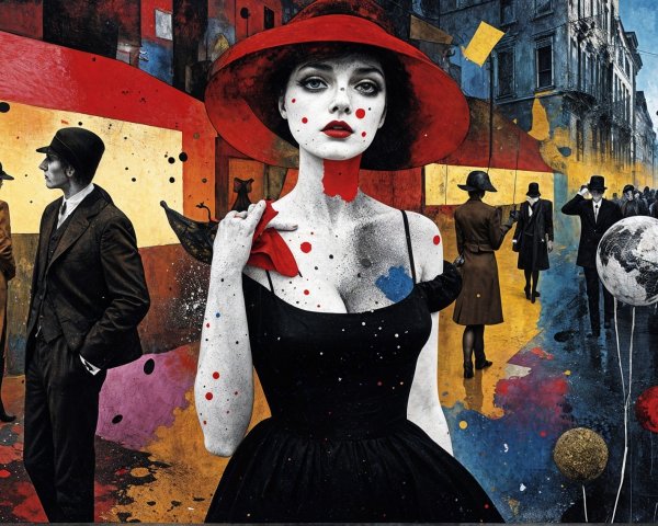 Vibrant Street Scene with Monochrome and Color Elements