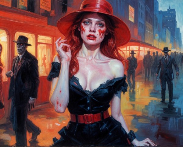 Noir Scene of Woman in Black Dress with Red Hat