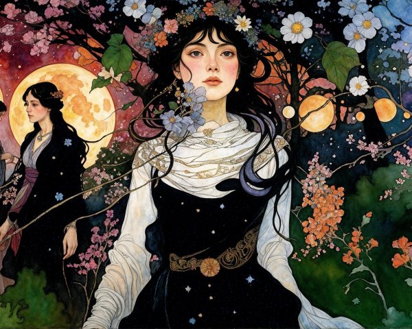 Young woman in enchanted forest with shadowy figures