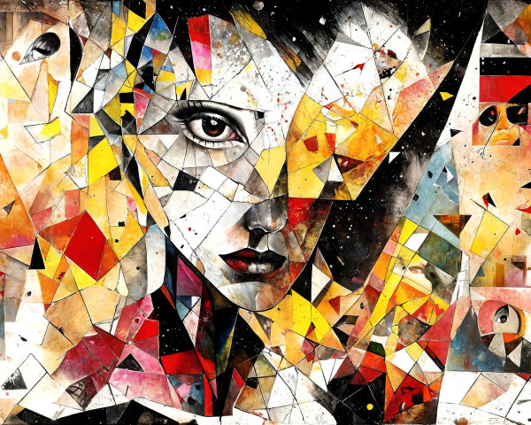 Fragmented Face Artwork with Geometric Shapes and Colors