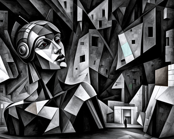 Abstract Landscape with Geometric Shapes and Robot Figure