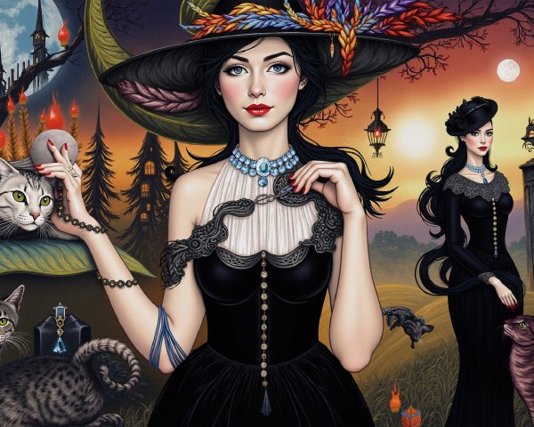 Elegant Woman in Black Dress with Mystical Cats