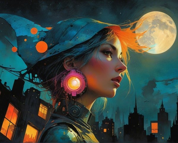 Futuristic Scene of a Woman Against a Luminous Moon