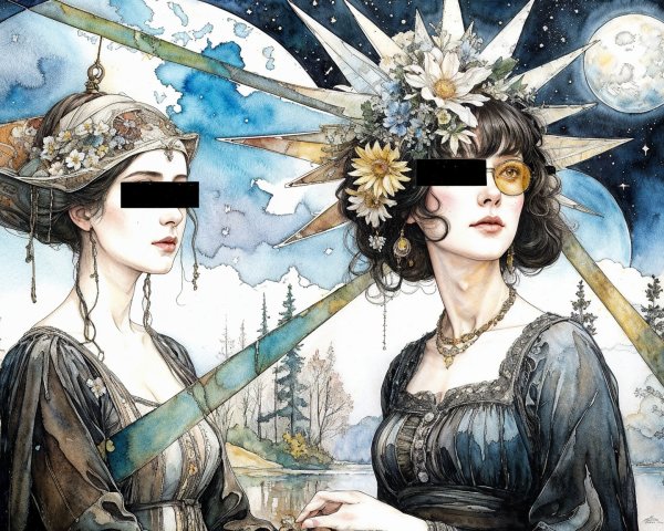 Elegant Women in Intricate Attire Against Cosmic Backdrop