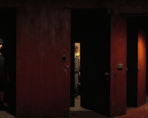 Dimly Lit Corridor with Mysterious Figures and Doors