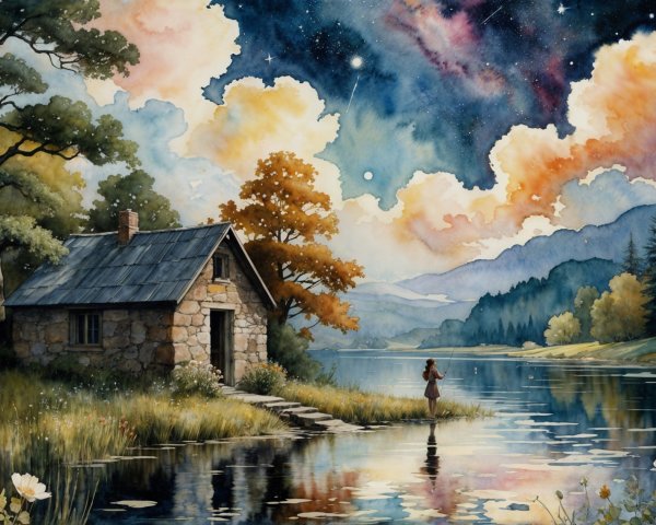 Rustic Cottage by Tranquil Lake with Autumn Foliage