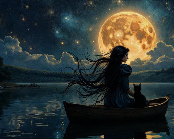 Serene Nighttime Scene with Woman and Cat on Lake