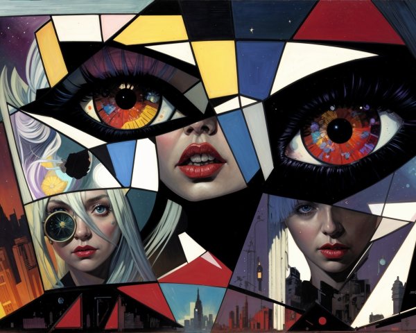 Surreal Fragmented Composition with Vibrant Eyes