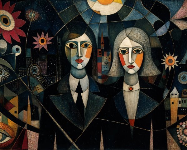 Abstract Artwork with Figures and Geometric Elements