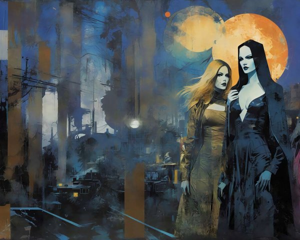 Three Mysterious Women in Abstract Cityscape Artwork