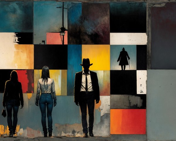 Silhouetted Figures in Vibrant Urban Scene
