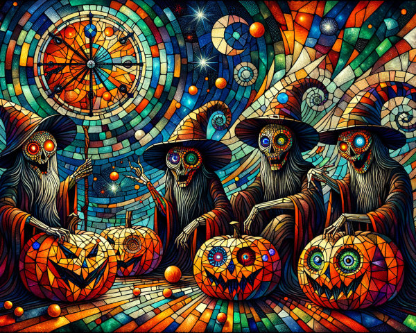 Psychedelic Illustration of Cloaked Figures with Pumpkins