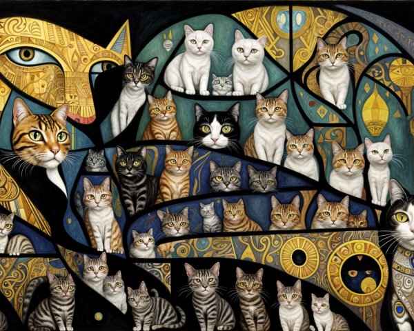 Intricate Artwork of Stylized Cat Silhouette and Patterns