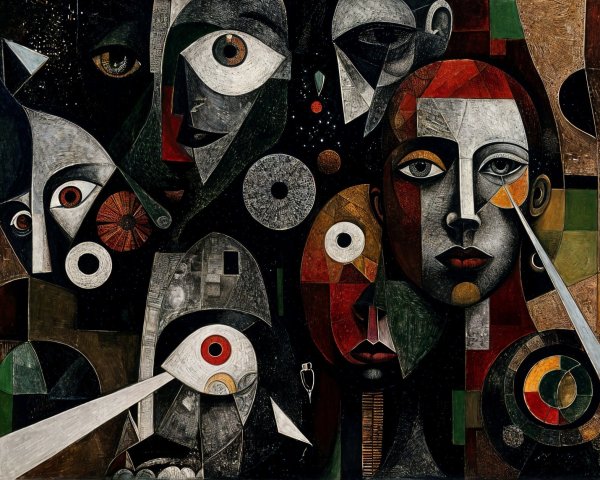 Abstract Composition of Interwoven Faces and Shapes