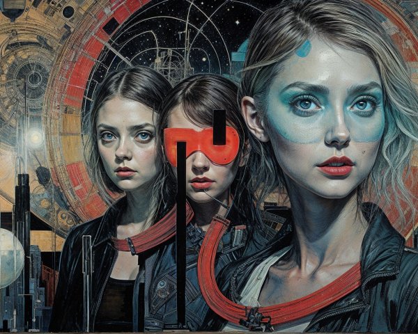 Intertwined Portraits of a Woman with Sci-Fi Elements