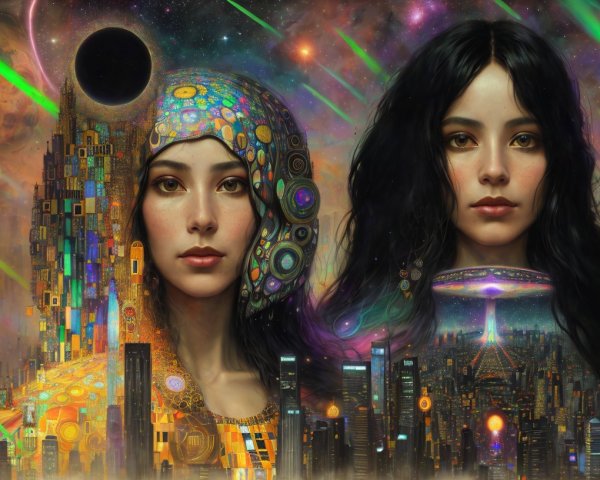 Dual women in futuristic setting with cosmic cityscape & vibrant galaxies.