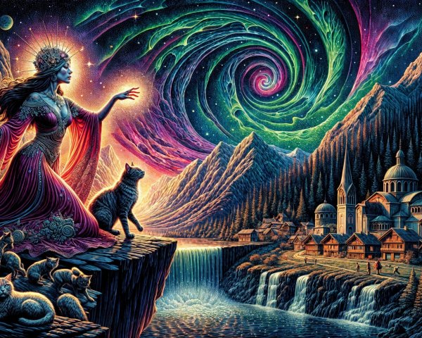 Goddess on Rocky Ledge with Vibrant Galaxy Above