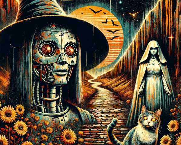 Surreal Landscape with Robotic and Ghostly Figures