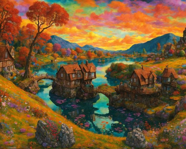Colorful fantasy landscape with river, meadow, houses on stilts, castle, and sunset sky