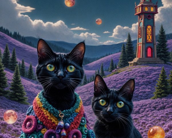 Lavender Fields with Black Cats Under Starry Sky