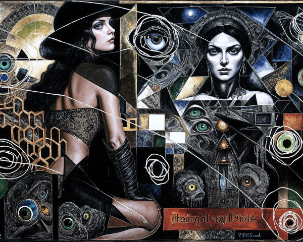 Dynamic Artwork with Mysterious and Serene Figures