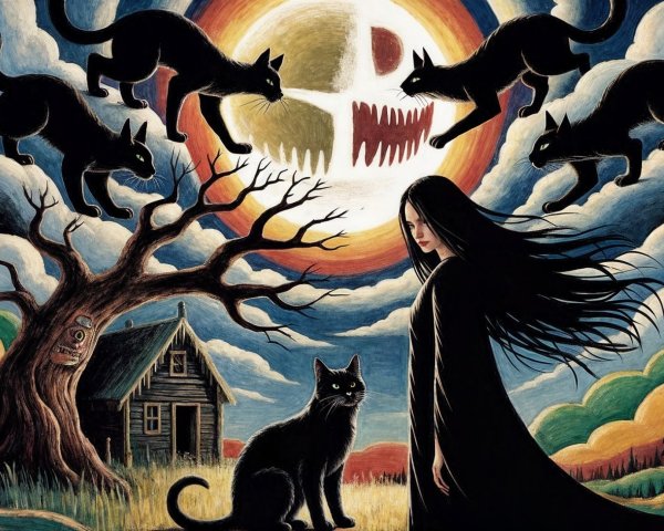 Mysterious Scene with Cloaked Figure and Haunted House