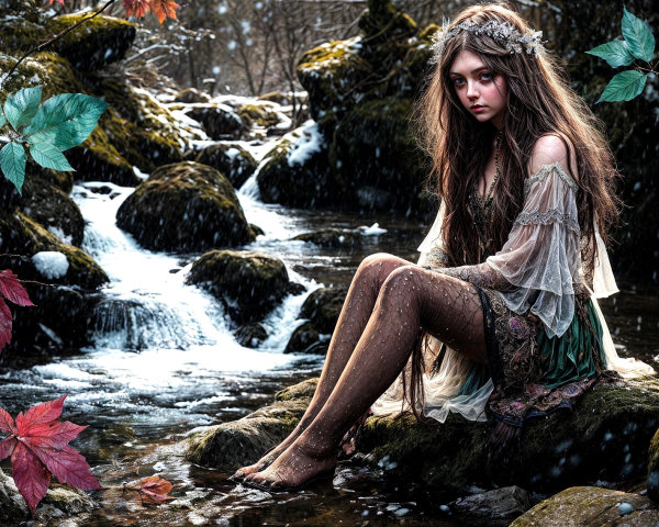 Young Woman by Stream in Autumn Setting