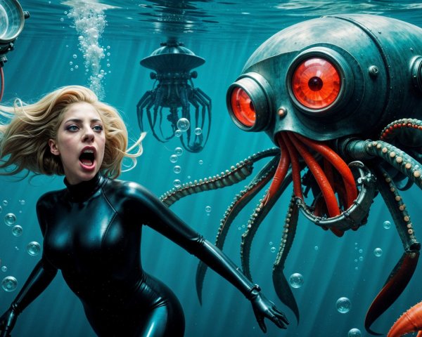 Underwater Scene with Mechanical Creatures and Urgency