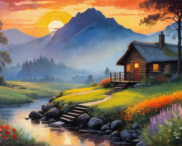 Serene Landscape with Cabin and Vibrant Wildflowers