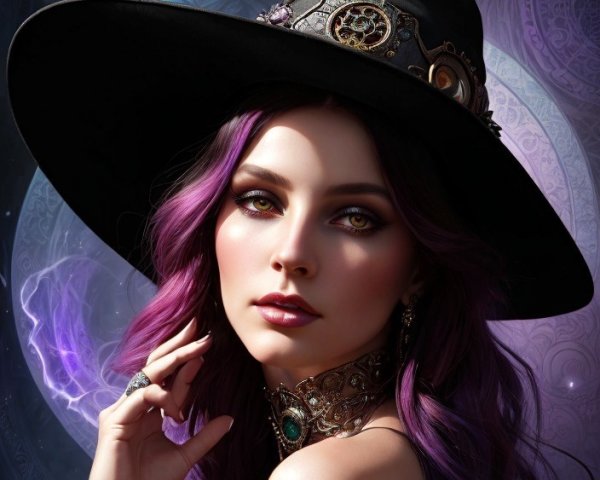 Digital artwork of a woman with violet hair and hat