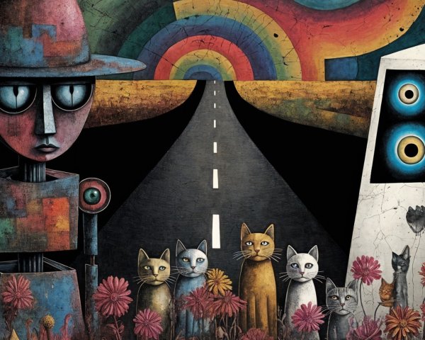 Surreal Landscape with Colorful Figure and Cats