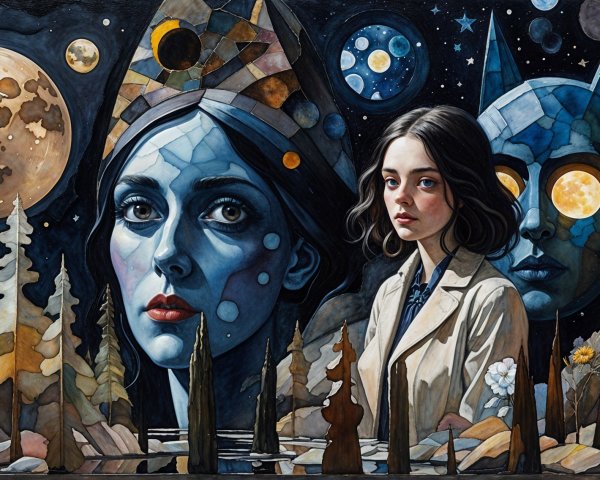 Surreal Artwork with Cosmic Backdrop and Figures
