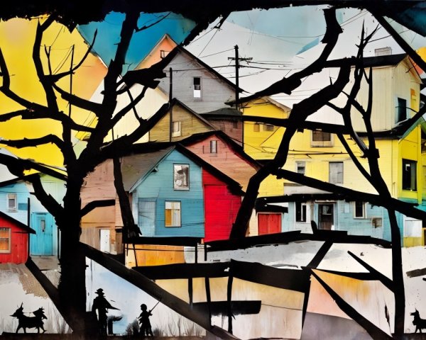 Vibrant Landscape with Colorful Houses and Figures