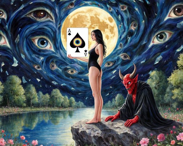 Surreal Landscape with Woman, Lake, and Crimson Figure