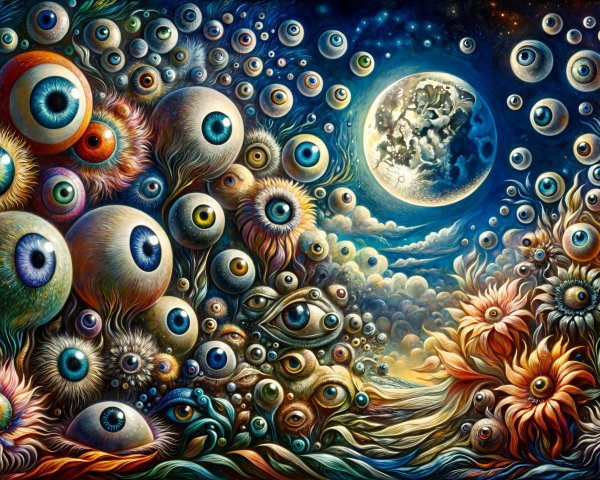 Surreal Landscape with Colorful Eyes and Flowers