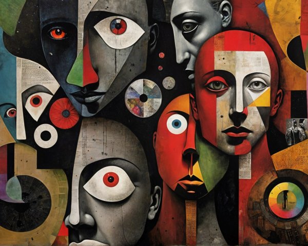 Abstract Human Faces Collage in Bold Colors and Shapes