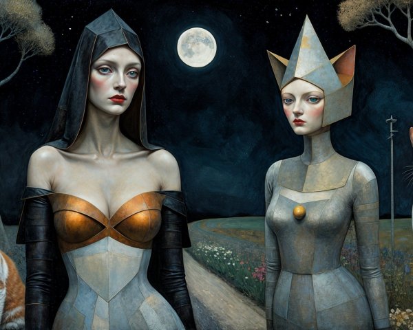 Surreal Night Scene with Women, Cats, and Flowers