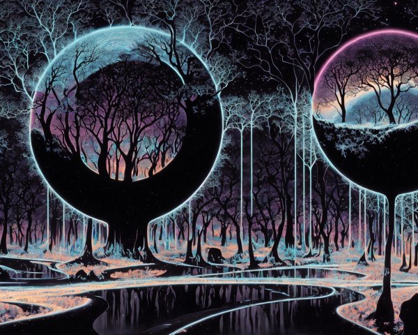Fantastical landscape with glowing orbs, surreal river, and shadowy figure