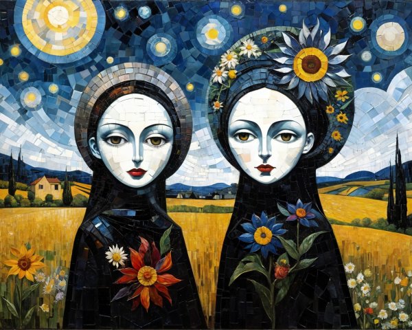 Stylized Women Against Starry Night Sky and Landscape