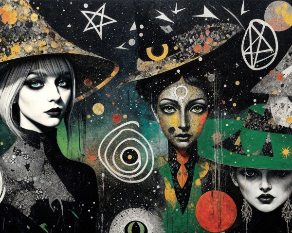 Three Mysterious Figures in Elaborate Hats and Stars
