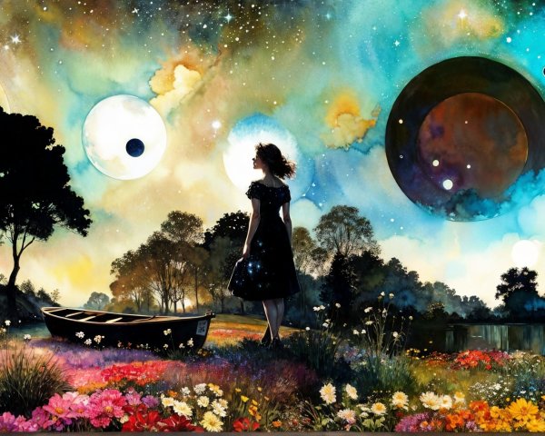 Colorful Landscape with Woman by Tranquil Lake