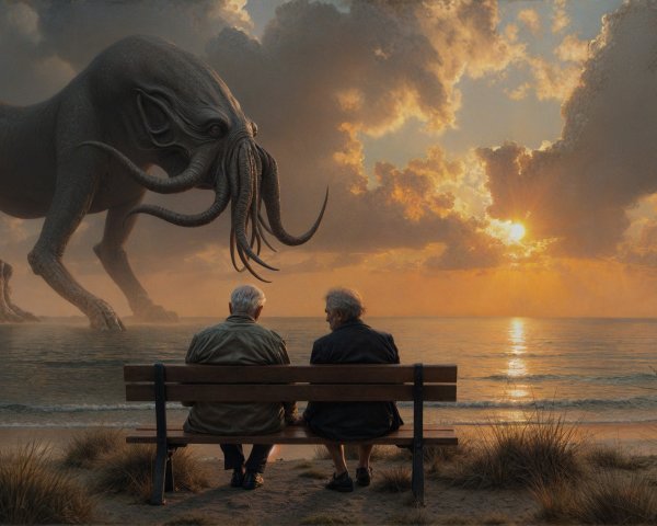 Elderly Men on Bench with Surreal Sunset and Creature