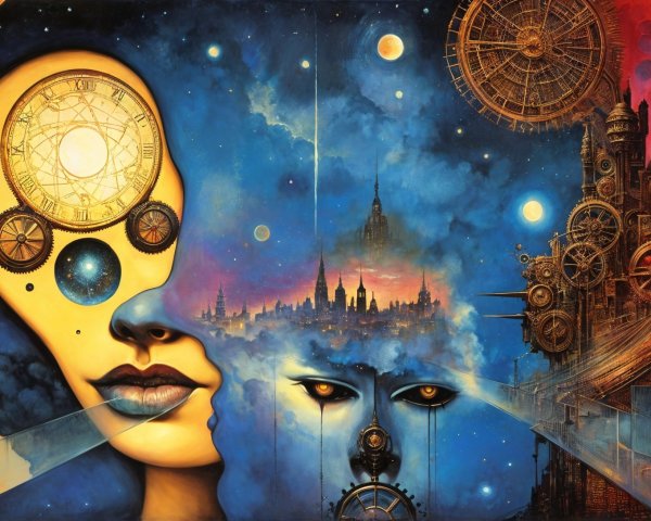 Surreal Fantasy Artwork with Cosmic Elements and Silhouette