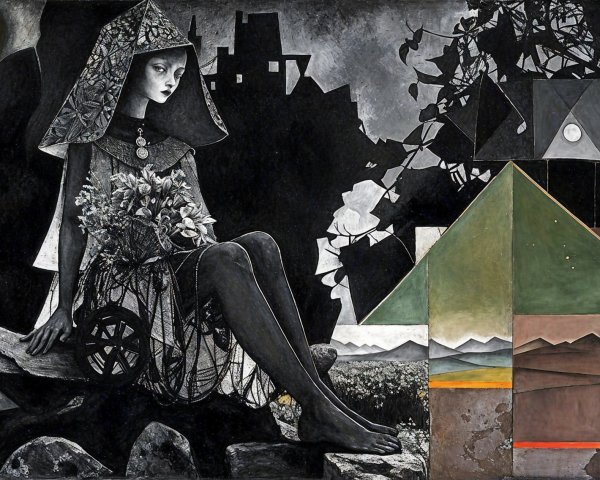 Monochromatic Woman with Flowers in Serene Landscape