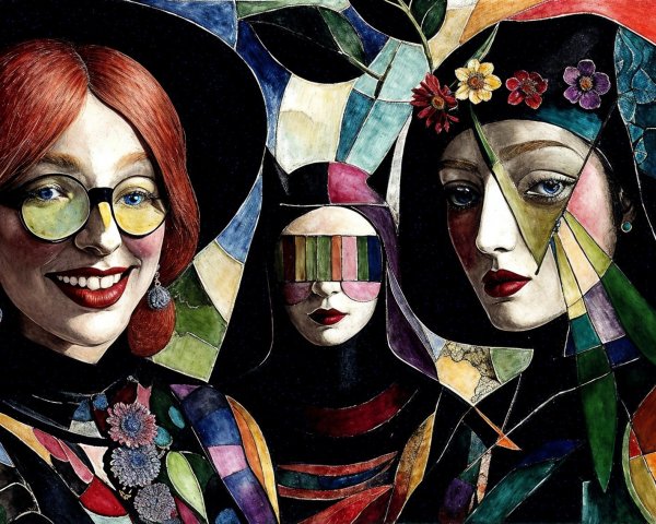 Three Women in Vibrant Stained-Glass Style