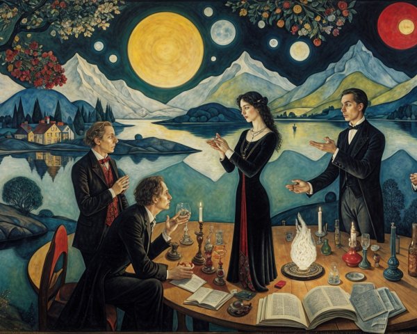 Surreal Gathering of Figures in a Mystical Landscape