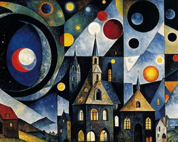 Surreal Village Landscape with Celestial Elements